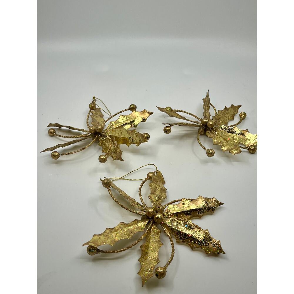 Vintage Set of 3 Cut Out Sparkly Gold Poinsettia Christmas Ornaments